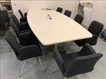 Konferensbord med el och datauttag okänd fabrikat L 270 cm B 120 cm på mitten 13 stolar IKEA Patrik  fläckar finns
