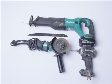 Makita Verktygspaket m 1 st Tigersåg m batteri, 1 st Vinkelslip samt 1 st Slagskruvdragare - se beskrivning nedan.